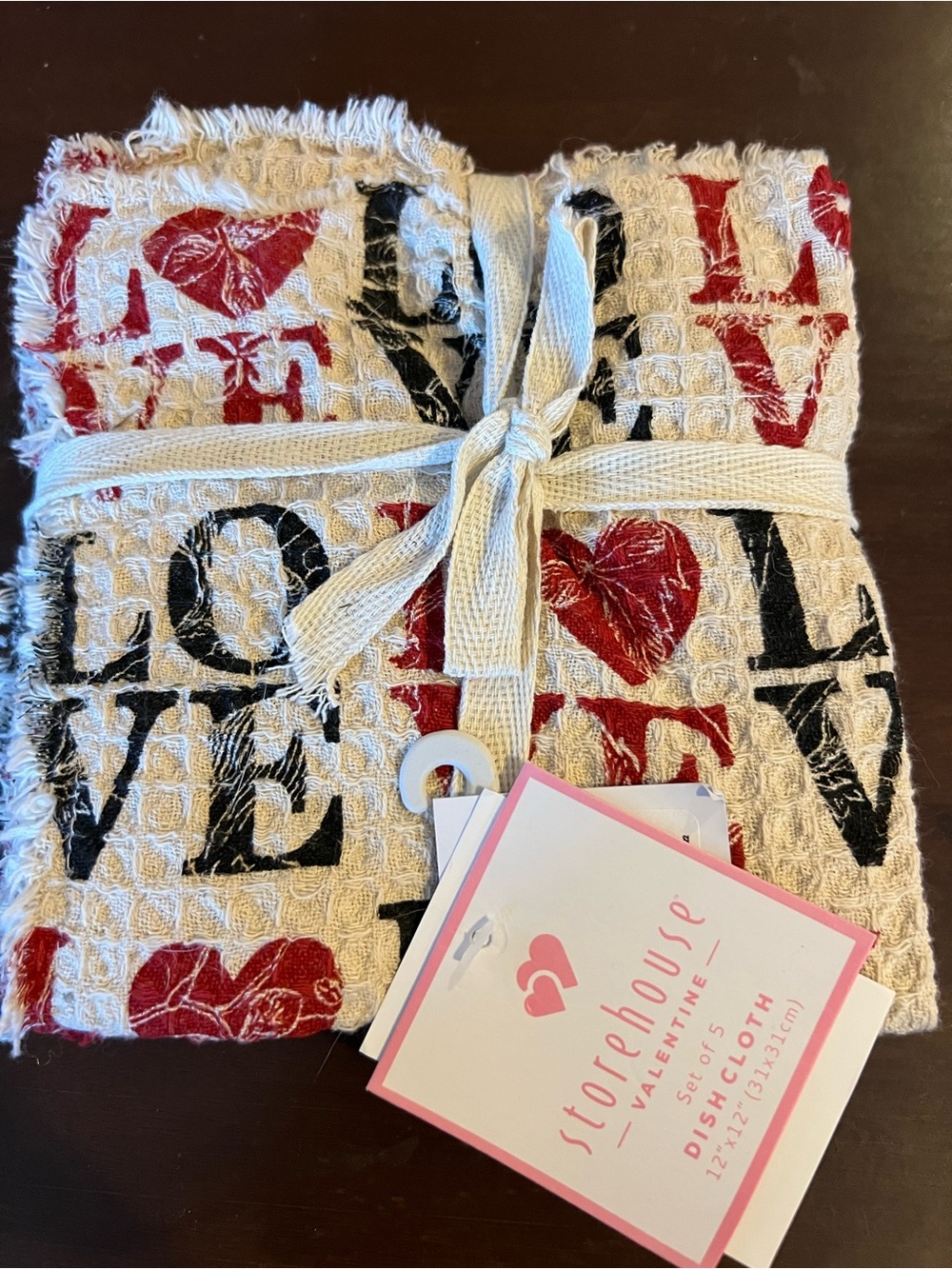 Valentine 'LOVE' Waffle Weave Dish Cloth Set - Red & Black Hearts 100% Cotton